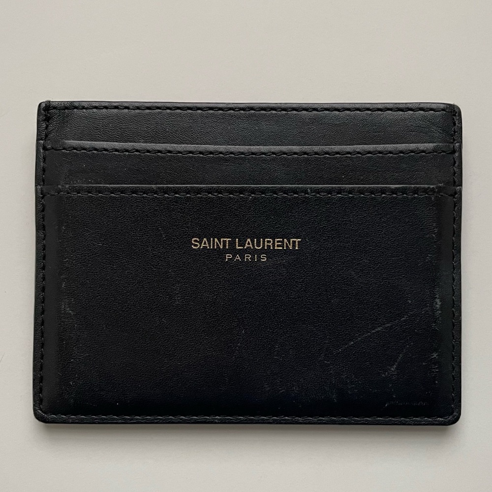 YSL Yves Saint Laurent Smooth Leather Black Gold Cardholder Wallet Pouch Purse - Picture 2 of 9